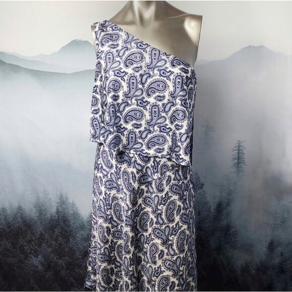 Banana Republic One Shoulder Asymmetrical Blue Paisley Dress | Women's 8 - Picture 1 of 10